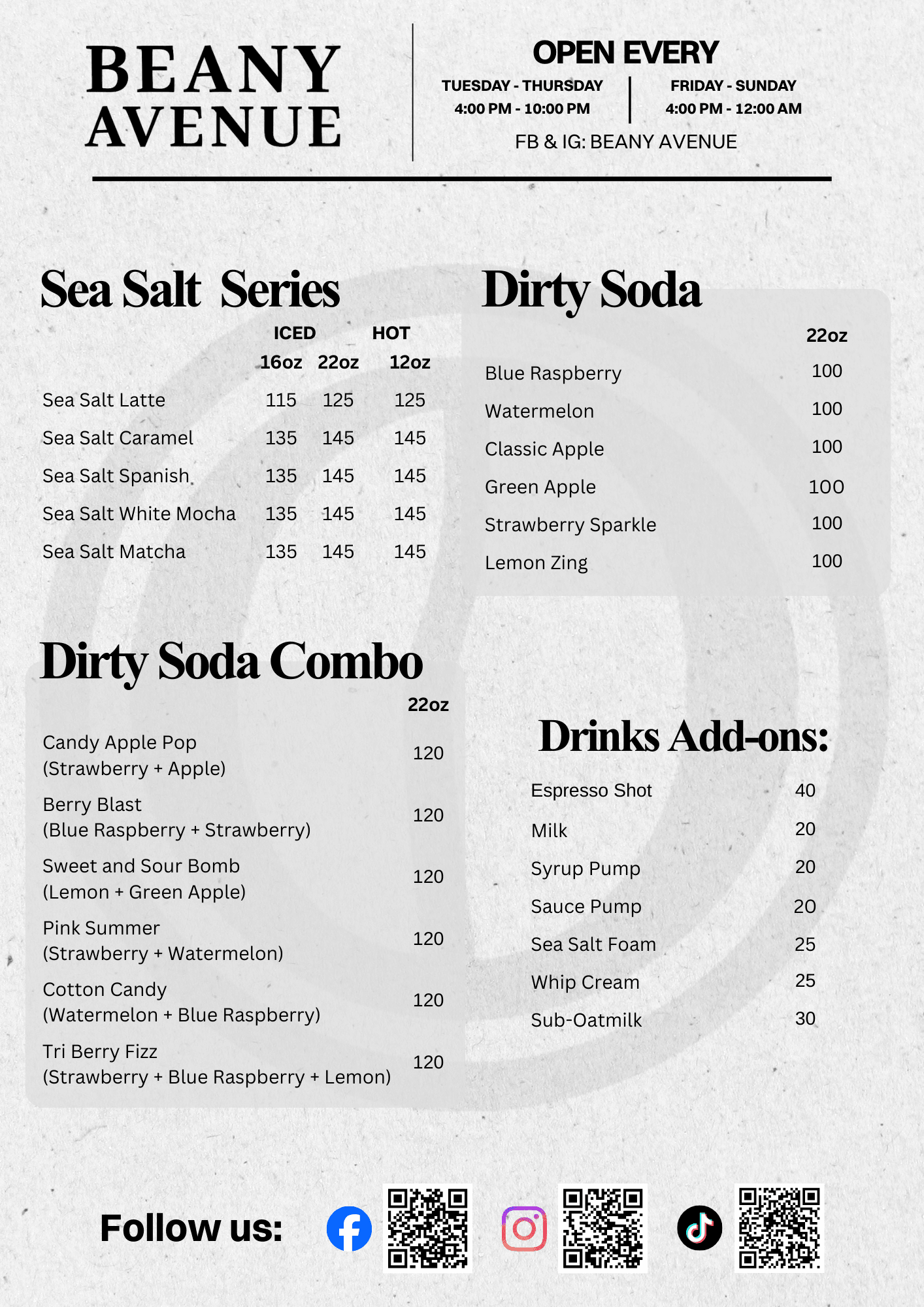 Beany Avenue Drinks Menu (Page 2)